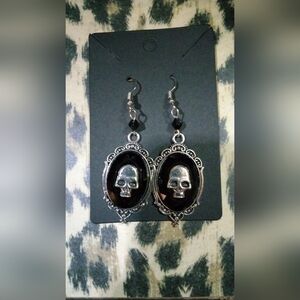 Black Skull Cameo Drop Earrings - Gothic Statement Jewelry